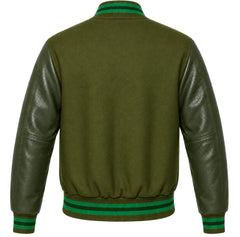 Olive green wool varsity jacket with green cowhide sleeves, back view