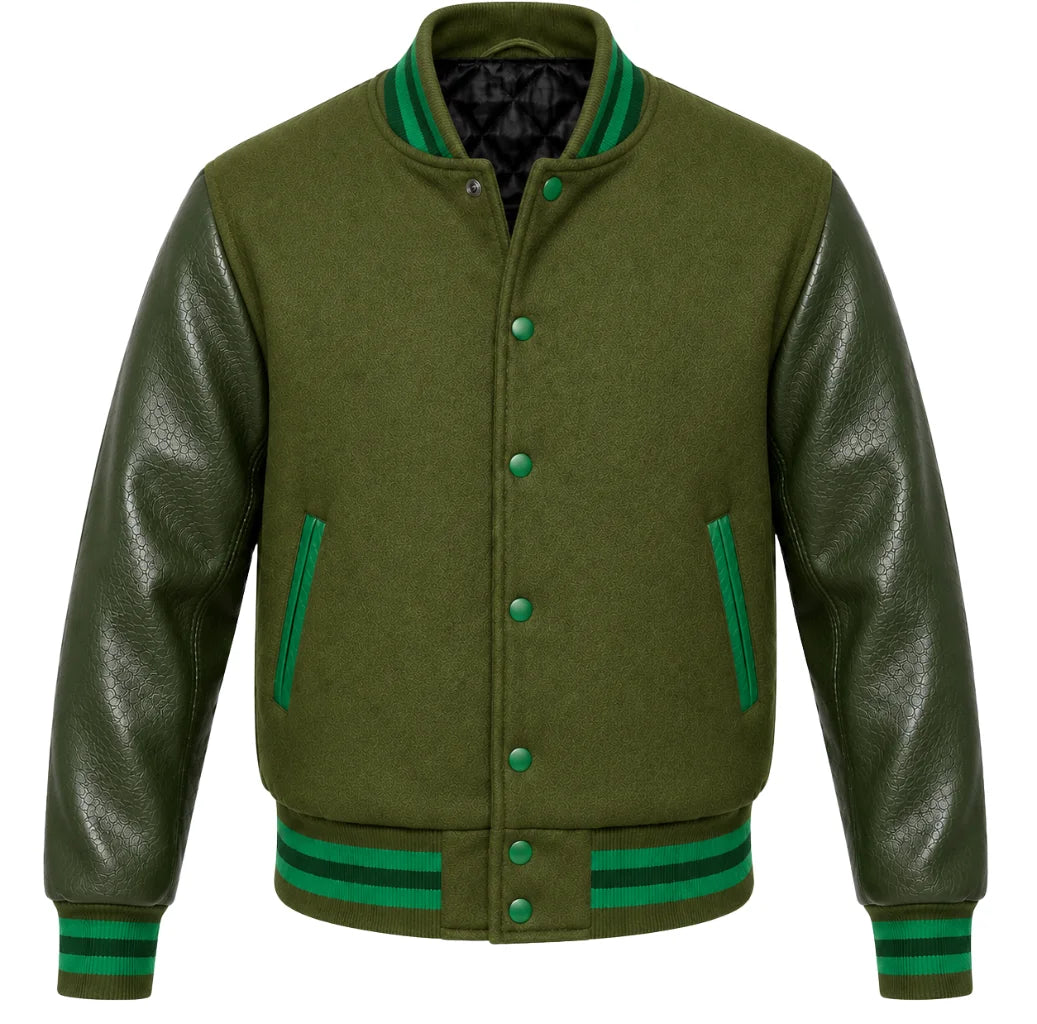 Olive green melton wool varsity jacket with green leather sleeves, front view
