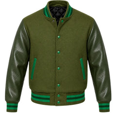 Olive green melton wool varsity jacket with green leather sleeves, front view