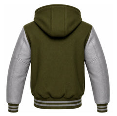 Olive Green and Grey Varsity Jacket with Hood
