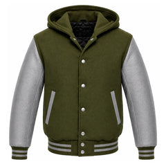 Olive Green and Grey Varsity Jacket with Hood