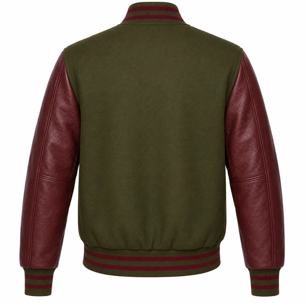 Olive green wool varsity jacket with maroon leather sleeves, back view