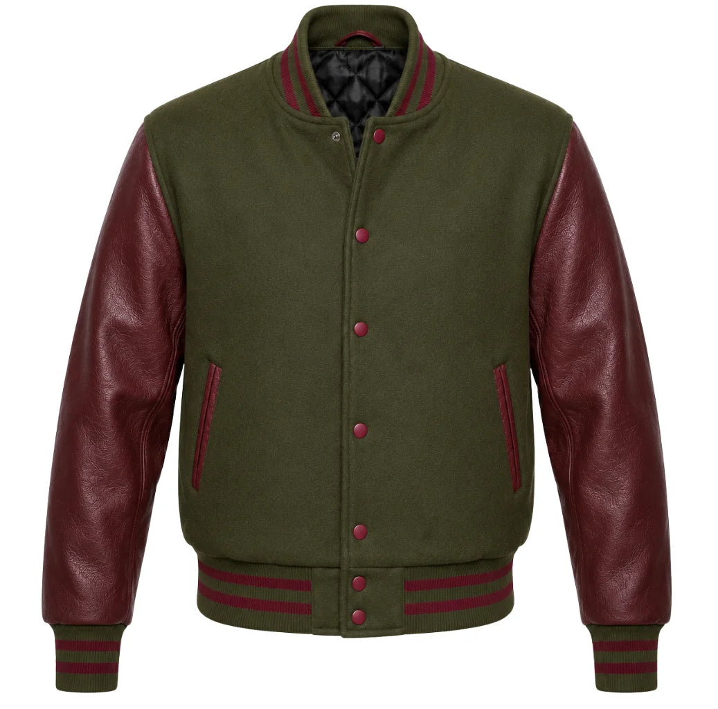 Olive green melton wool varsity jacket with maroon cowhide leather sleeves, front view