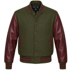 Olive green melton wool varsity jacket with maroon cowhide leather sleeves, front view