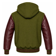Olive Green and Maroon Varsity Jacket with Hood