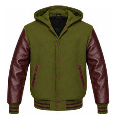 Olive Green and Maroon Varsity Jacket with Hood