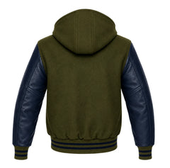 Olive Green and Navy Blue Hooded Varsity Jacket