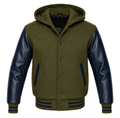 Olive Green and Navy Blue Hooded Varsity Jacket