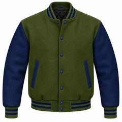 Olive Green and Navy Blue Wool Varsity Jacket