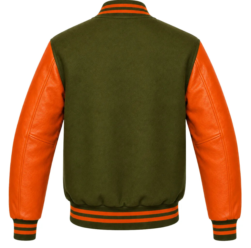 Olive green wool varsity jacket with orange leather sleeves, back view