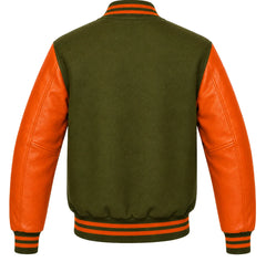 Olive green wool varsity jacket with orange leather sleeves, back view