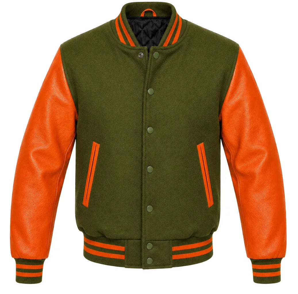 Olive green melton wool varsity jacket with orange cowhide sleeves, front view