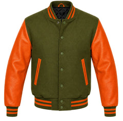 Olive green melton wool varsity jacket with orange cowhide sleeves, front view
