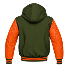Olive Green and Orange Varsity Jacket with Hood