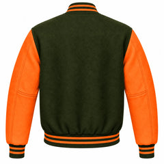 Olive Green and Orange Wool Letterman Jacket