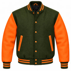 Olive Green and Orange Wool Letterman Jacket