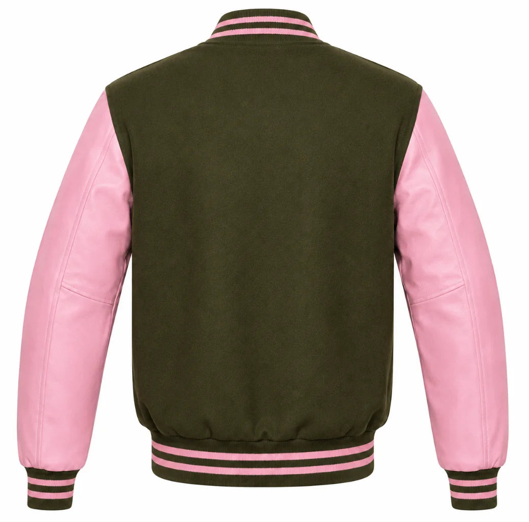 Olive green wool letterman jacket, pink cowhide sleeves, back view