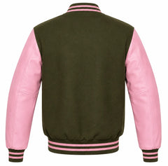 Olive green wool letterman jacket, pink cowhide sleeves, back view