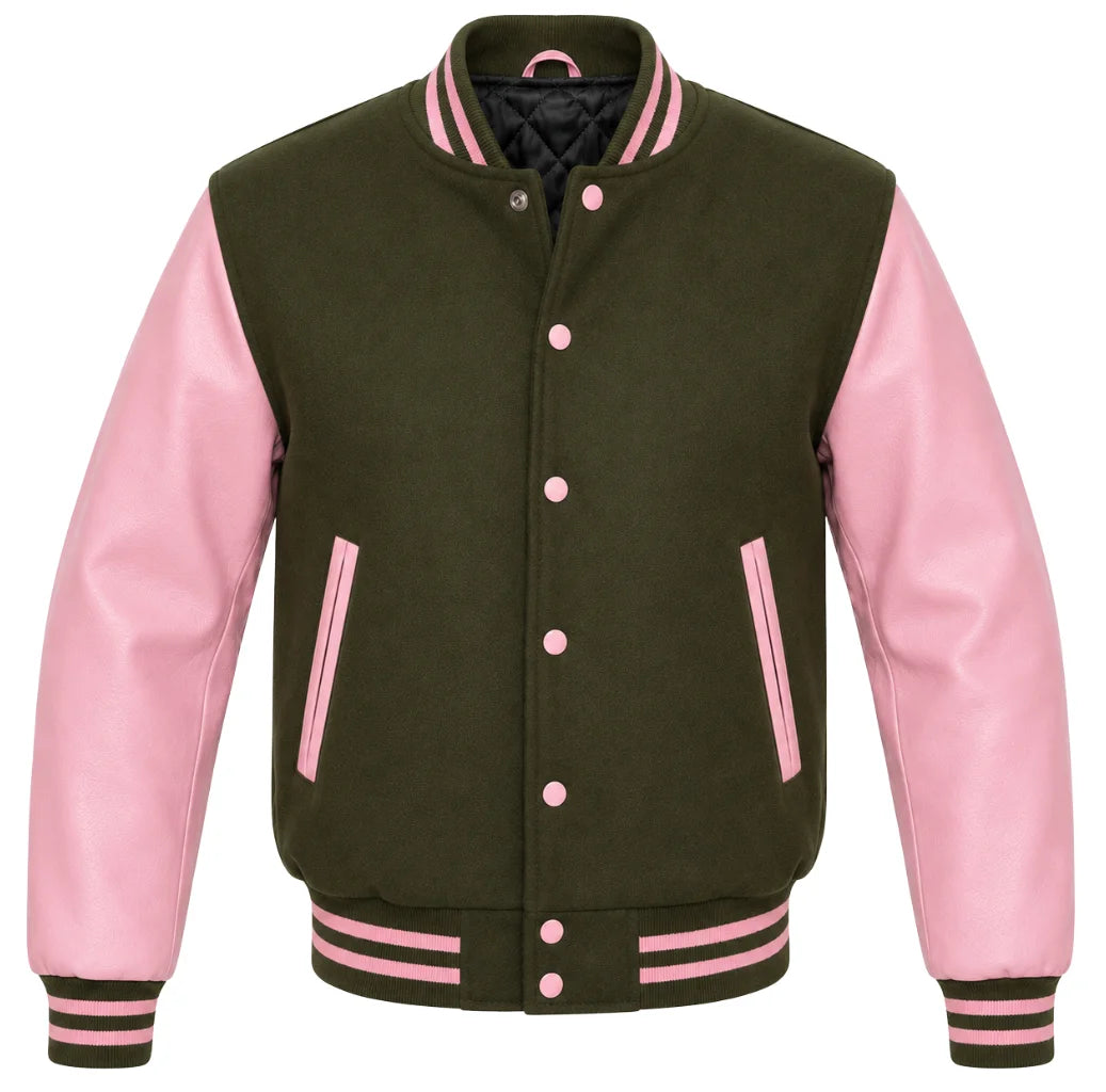 Olive green melton wool letterman jacket with pink leather sleeves, front view