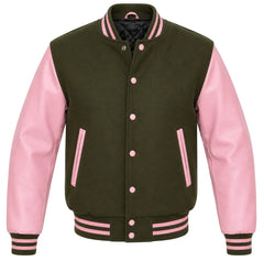 Olive green melton wool letterman jacket with pink leather sleeves, front view