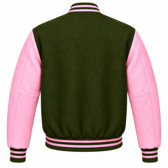 Olive Green and Pink Wool Varsity Jacket