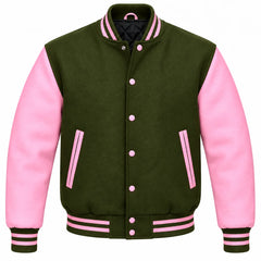 Olive Green and Pink Wool Varsity Jacket