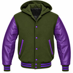 Olive Green and Purple Hooded Varsity Jacket