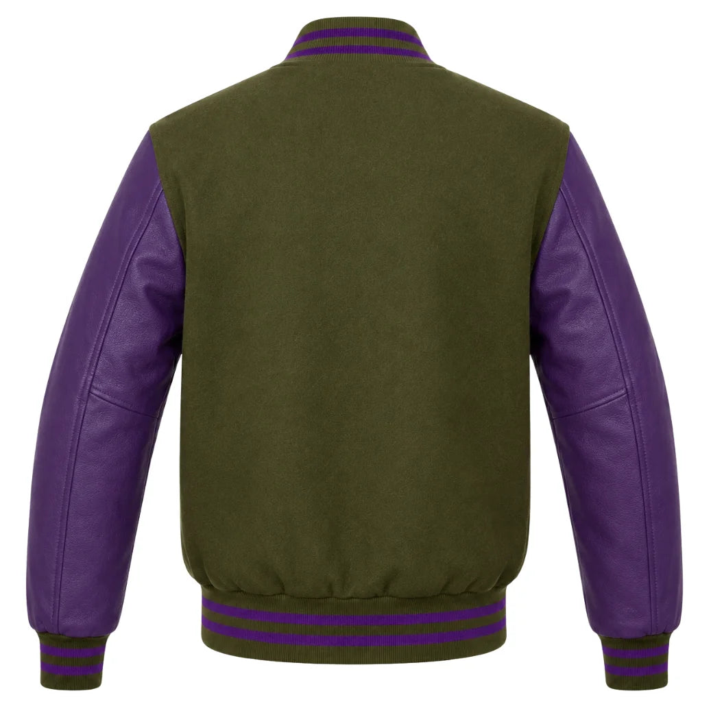 Olive green wool varsity jacket with purple leather sleeves, back view