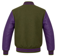 Olive green wool varsity jacket with purple leather sleeves, back view