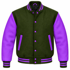 Olive Green and Purple Wool Varsity Jacket