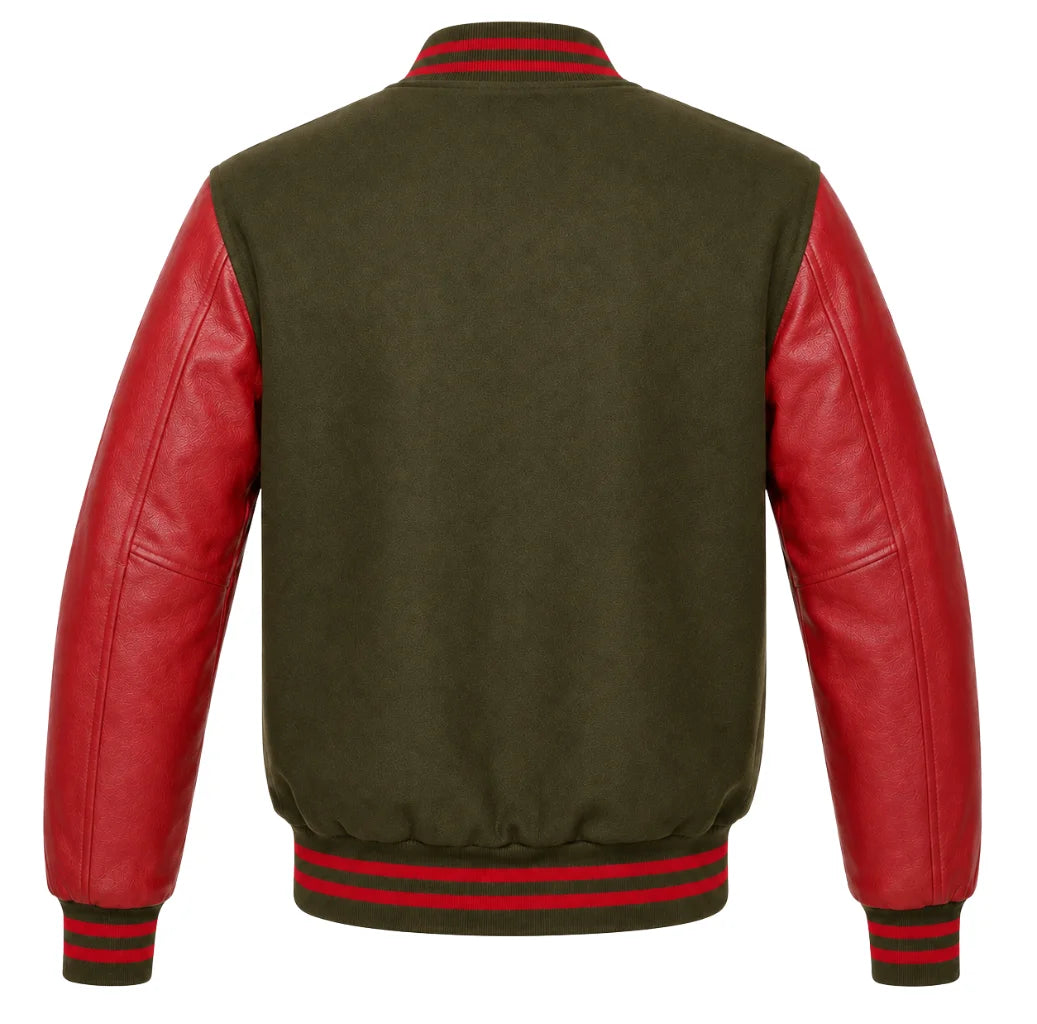 Olive green wool varsity jacket with red cowhide sleeves, back view