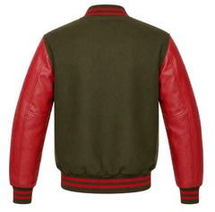 Olive green wool varsity jacket with red cowhide sleeves, back view