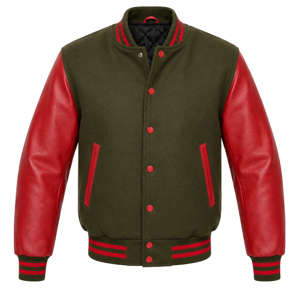 Olive green melton wool varsity jacket with red leather sleeves, front view