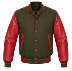 Olive green melton wool varsity jacket with red leather sleeves, front view
