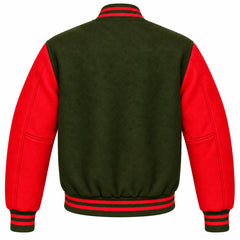 Olive Green and Red Wool Varsity Jacket