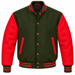 Olive Green and Red Wool Varsity Jacket