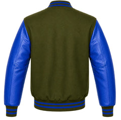 Back view of an olive green wool letterman jacket with royal blue cowhide sleeves