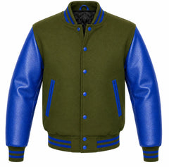 Olive green melton wool letterman jacket with royal blue leather sleeves, front view