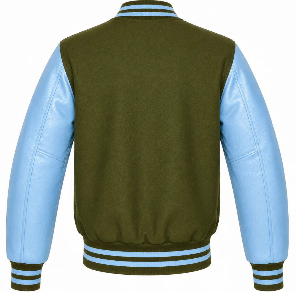 Olive green wool letterman jacket with sky blue leather sleeves, back view