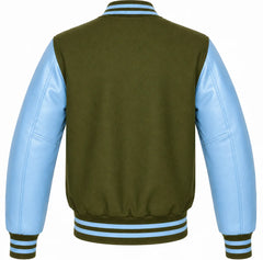 Olive green wool letterman jacket with sky blue leather sleeves, back view