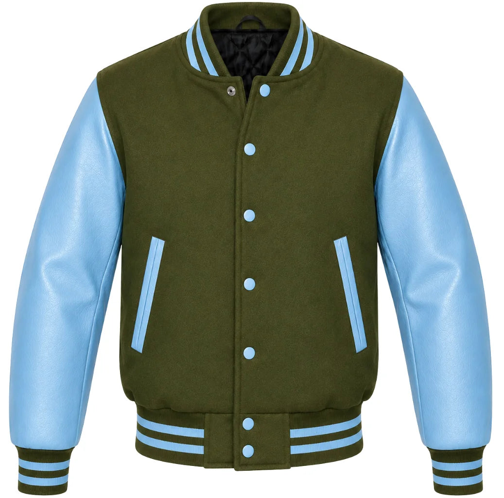 Olive green melton wool letterman jacket, sky blue cowhide sleeves, front view