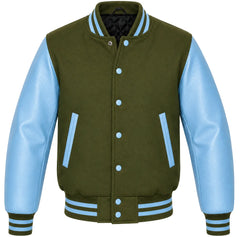 Olive green melton wool letterman jacket, sky blue cowhide sleeves, front view