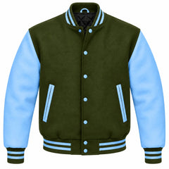 Olive Green and Sky Blue Wool Letterman Jacket