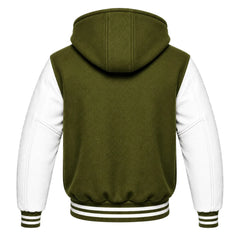 Olive Green and White Hooded Letterman Jacket