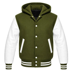 Olive Green and White Hooded Letterman Jacket