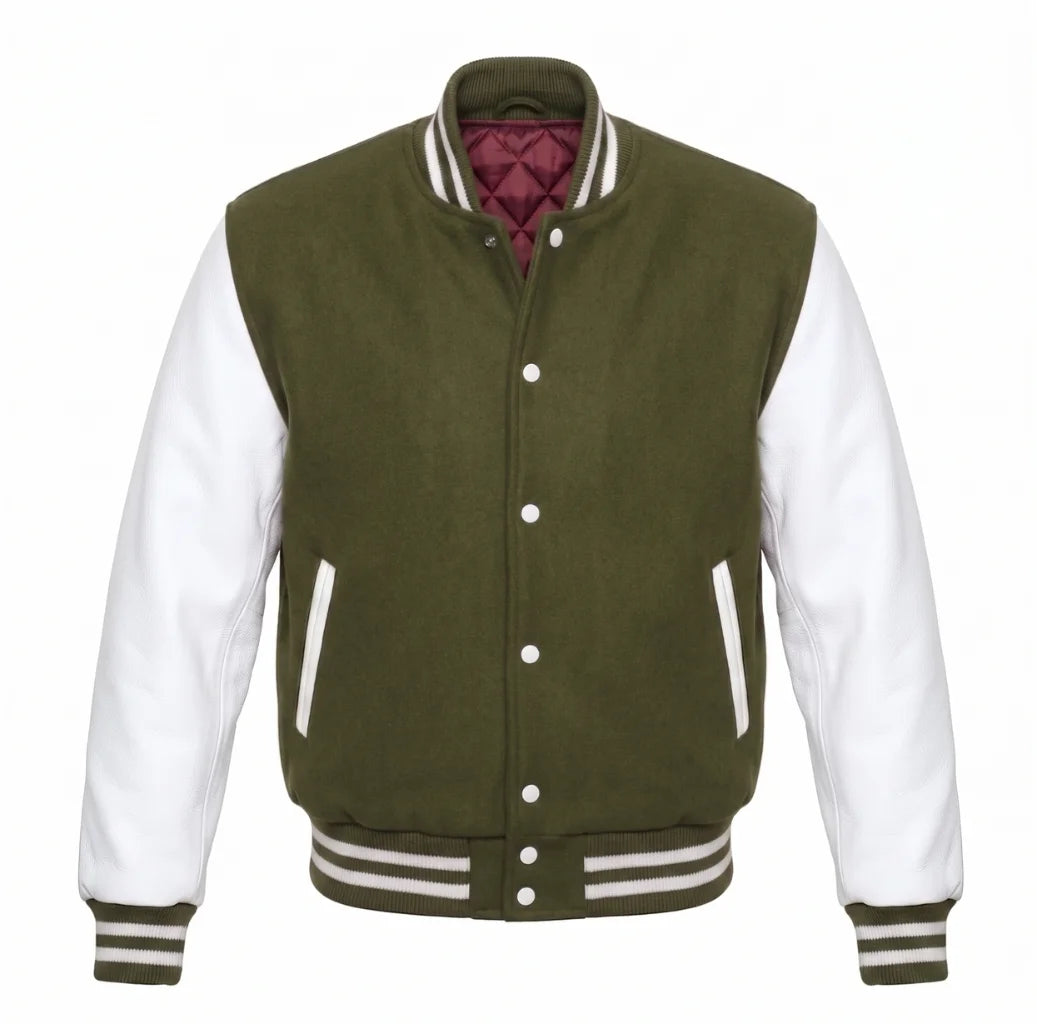 Olive Green and White Varsity Jacket with Wool Body and Leather Sleeves