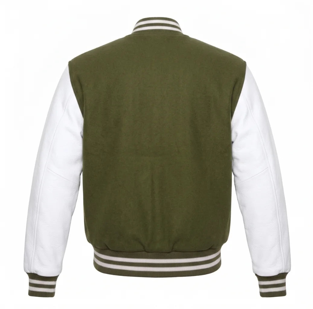 Olive Green and White Varsity Jacket with Wool Body and Leather Sleeves Back View