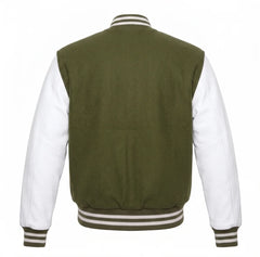 Olive Green and White Varsity Jacket with Wool Body and Leather Sleeves Back View