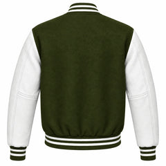 Olive Green and White Wool Varsity Jacket