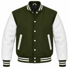 Olive Green and White Wool Varsity Jacket